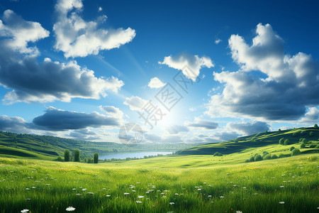 夏季山谷草原的美丽景观背景图片