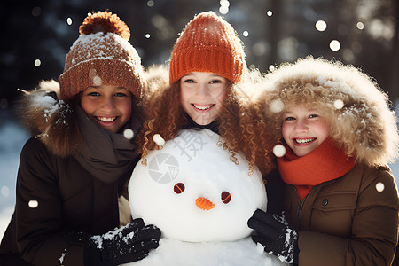 三个女孩与雪人合影背景图片