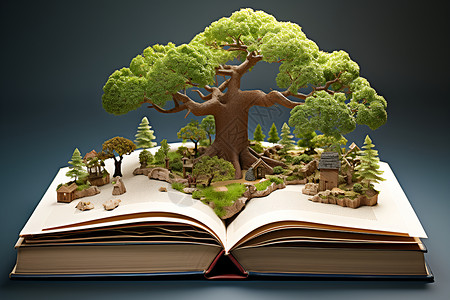 打开的书籍上的树背景图片