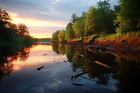 日出的湖畔河流背景图片