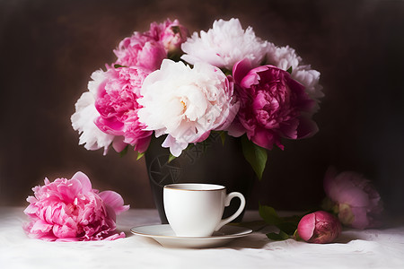 花束与咖啡杯背景图片