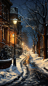 冬天竖版夜晚的雪地街灯背景