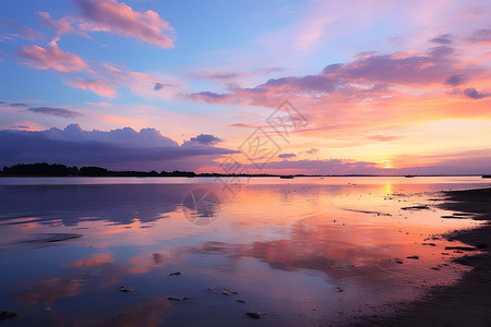 夕阳河滩湖光山色背景