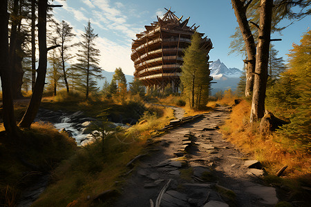 神奇森林中的建筑背景图片