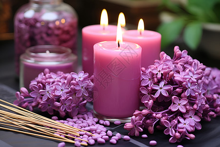 芳香花朵与紫色蜡烛背景图片