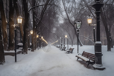 雪夜公园里的长椅背景图片