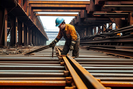 无支架工人在工地上修建铁路背景
