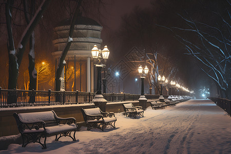 冬夜雪景寒冷中的公园背景图片