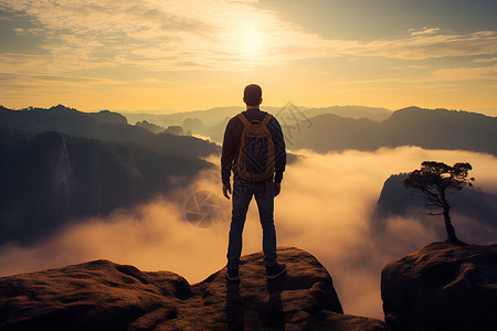 男人背包登山山顶看日出的男人背景