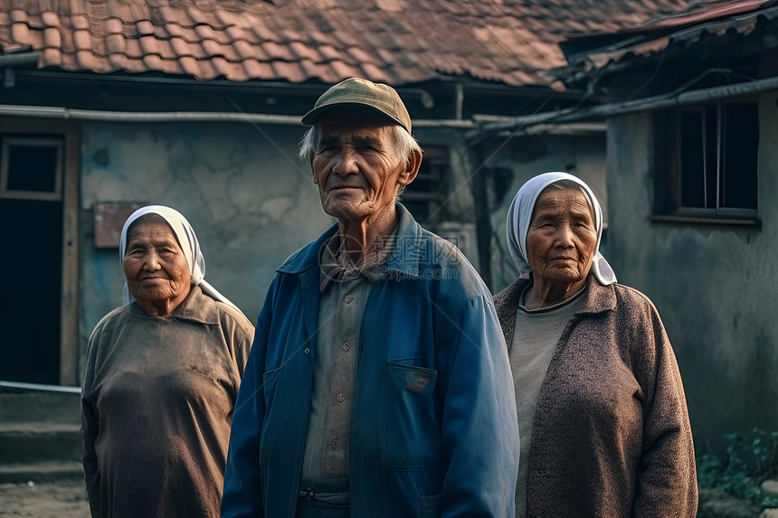 三位老年人站在老房子前图片