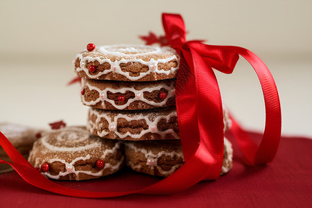 红丝丝带节庆红丝带上的一堆饼干背景