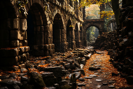 石拱桥与枯叶背景图片