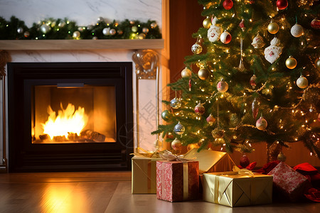 家中壁炉前的圣诞树背景图片