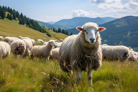 山坡中的羊群背景图片