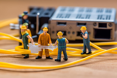 电缆维修玩具工人搬运电缆设计图片