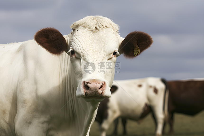 乡村牧场里一头白色奶牛图片