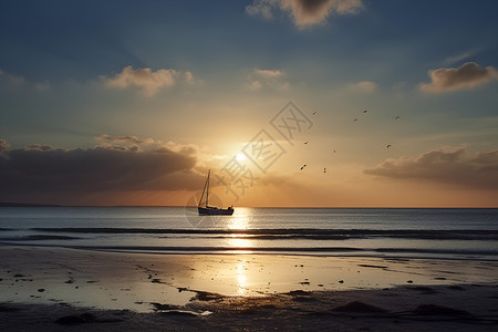 夕阳下航行的一艘船背景图片