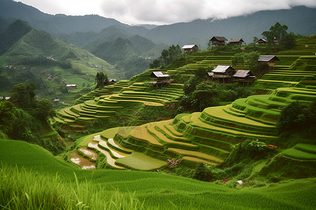 山谷和村庄的远景背景图片