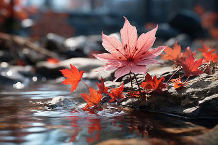 水中的红枫叶背景图片