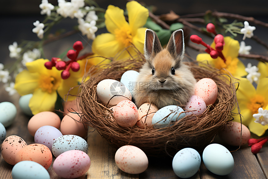 巢穴中的兔子和彩蛋图片