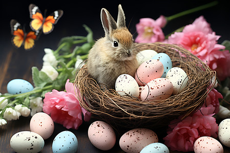 可爱的兔子和彩蛋背景图片