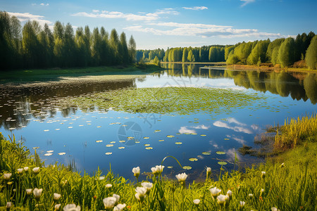 湖畔开满了小花背景图片