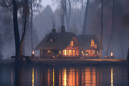 迷雾中的木屋背景图片