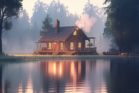 湖畔木屋背景图片