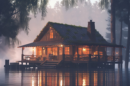 湖边小木屋背景图片
