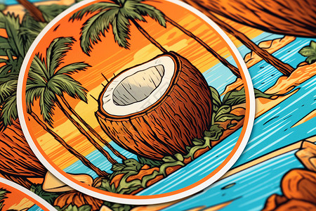 椰子棕榈树椰子图案贴纸插画