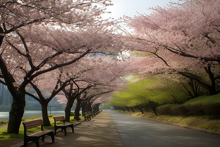 樱花下的长椅背景图片