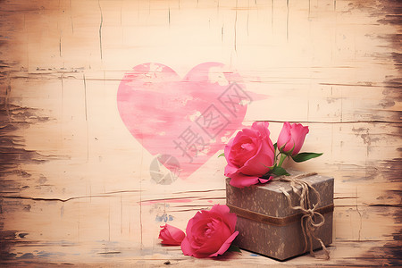 爱心纹理礼盒和鲜花背景