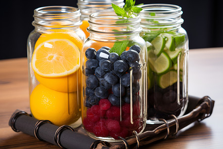 罐头水果玻璃罐里的浆果背景