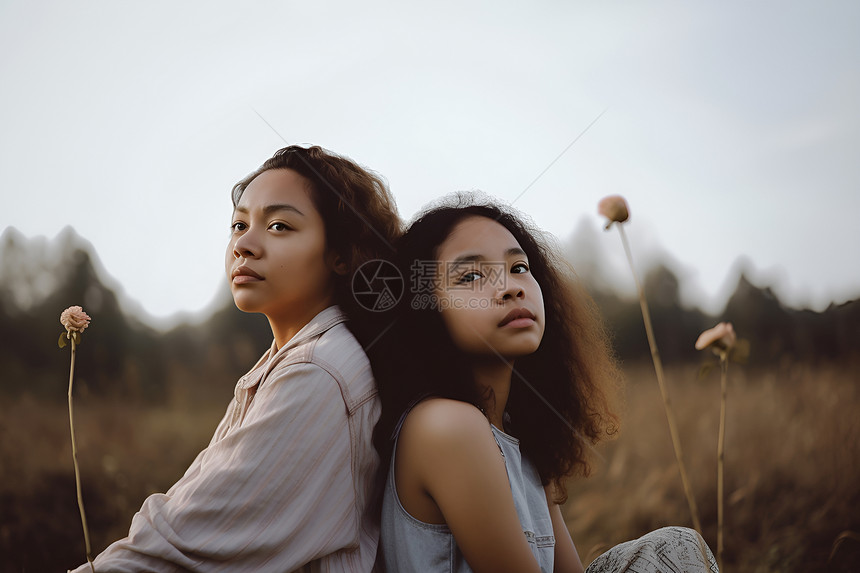 草地上背靠背的女孩图片