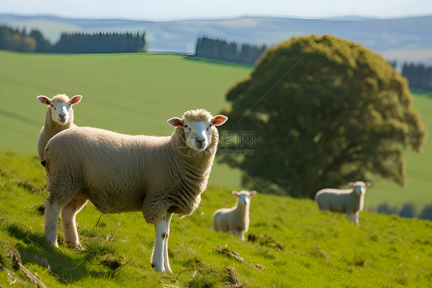 羊群在青翠的山坡上图片