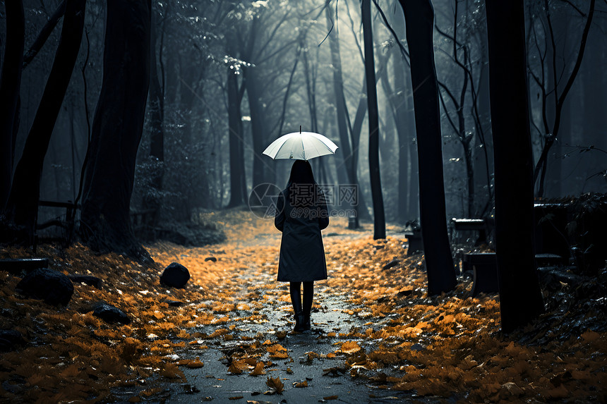 森林中拿着伞的女子图片