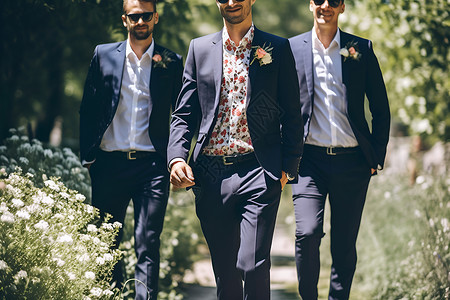 花朵形状墨镜三个男人穿着西装背景