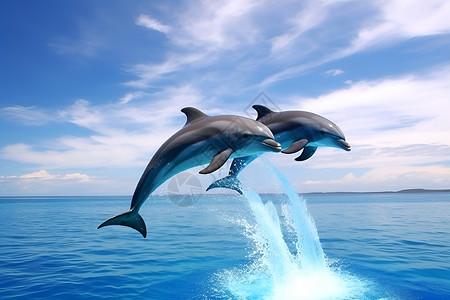 大海海豚两只跃出海面的海豚背景
