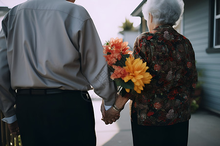 手牵手拿着花束的年迈夫妻背景图片