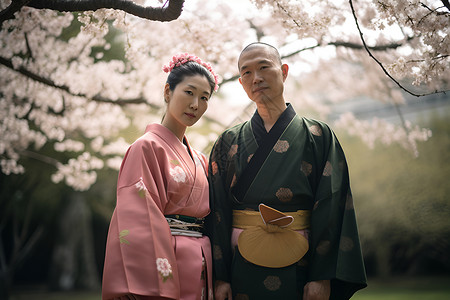 樱花树下的男女穿着传统服装背景图片