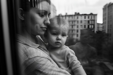妇女抱着孩子在窗边高清图片