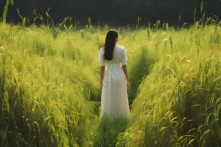 白裙女子在草丛间背景图片