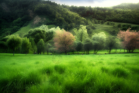 绿草绵延远山间背景图片