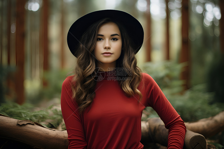 红衫女子在森林里图片