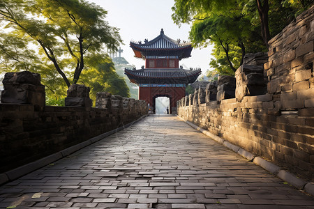 玄武石道路尽头的寺庙背景