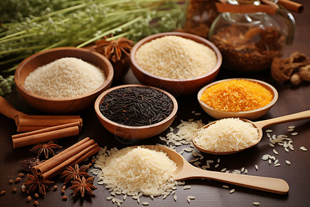 五彩糙米五彩斑斓的香料与谷物背景