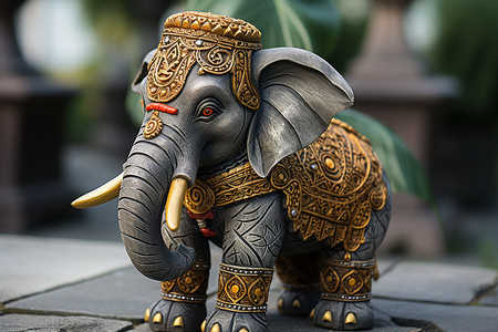 一尊戴金冠的大象雕像背景图片