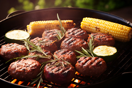 夏日家庭野餐汉堡和玉米棒烧烤背景图片