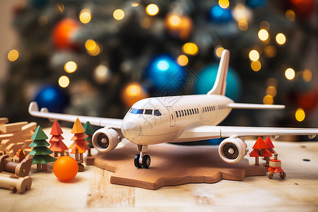 圣诞模型圣诞树前的玩具飞机背景