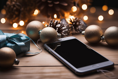 手机屏幕装饰素材手机与圣诞装饰品背景